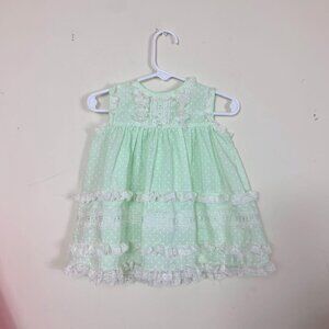 Vintage 80s Pastel Green Swiss Dot Baby Tiered Lace Ruffle Dress Size 12 Months